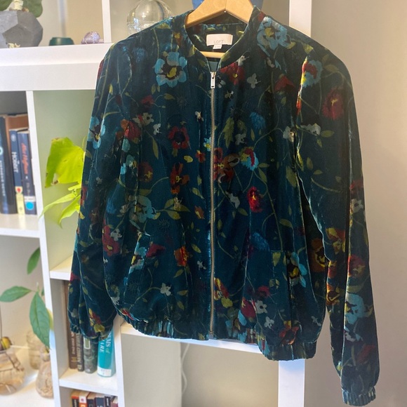LOFT Velvet Floral Print Zip Up Jacket - Picture 2 of 8